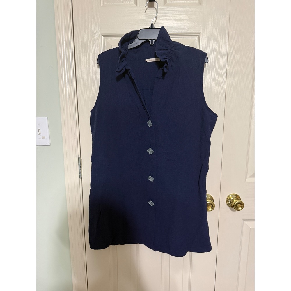 Soft Surroundings Navy Blue Textured V-Neck Sleeveless Button Up Top Size L‎